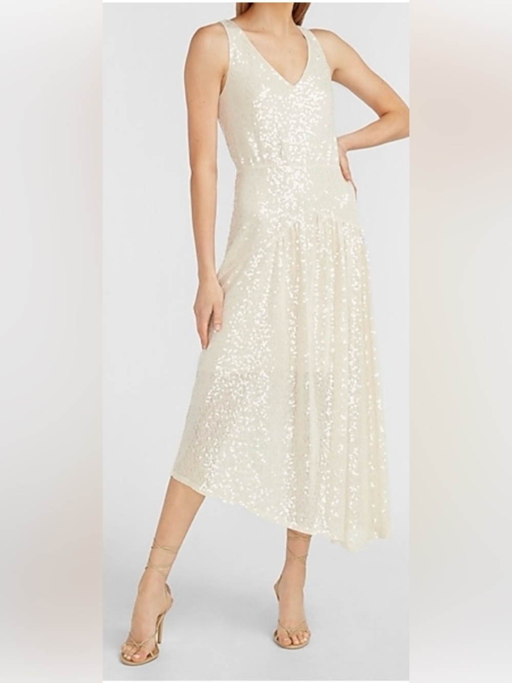 Express Beige Sequin V-Neck Maxi Dress NWT SZ M